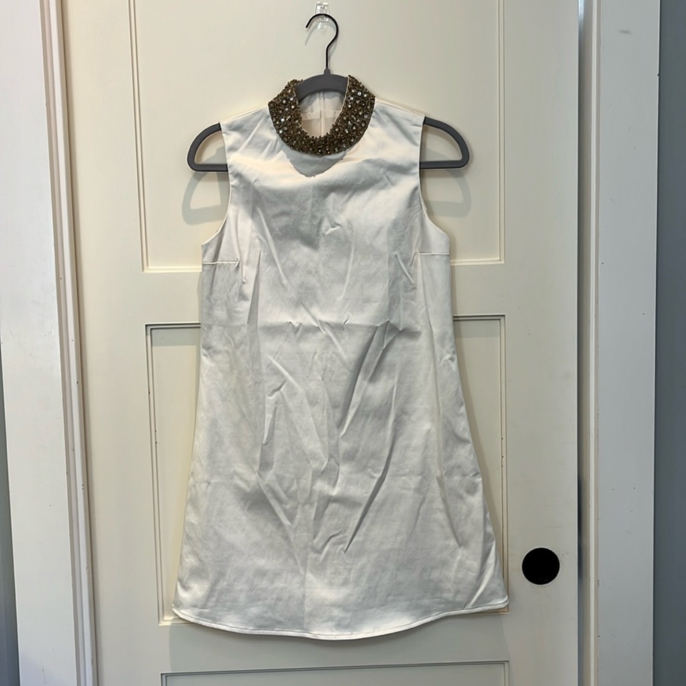 Alice & Olivia gold sequin high neckline A line ivory dress, size small
